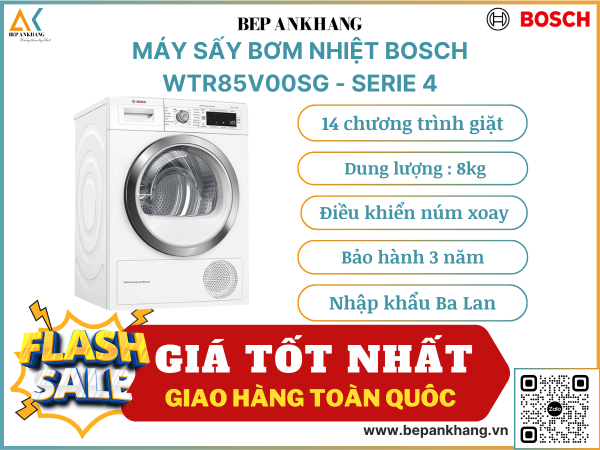 Máy sấy bơm nhiệt Bosch 8kg  WTR85V00SG - serie 4